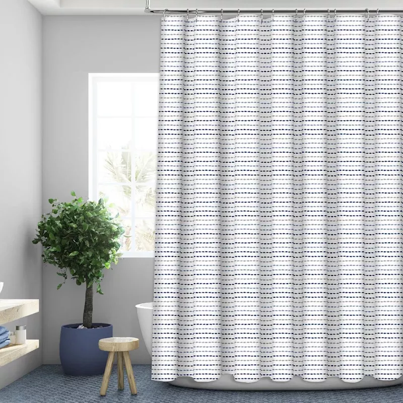 13-Piece Blue Stitched Print Shower Curtain Set, 70x72