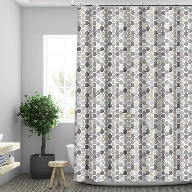 13-Piece Grey Pebble Print Shower Curtain Set, 72"