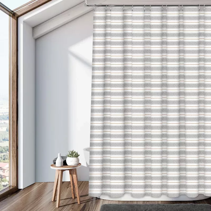 13-Piece Grey Stone Striped Print Shower Curtain Set, 72"