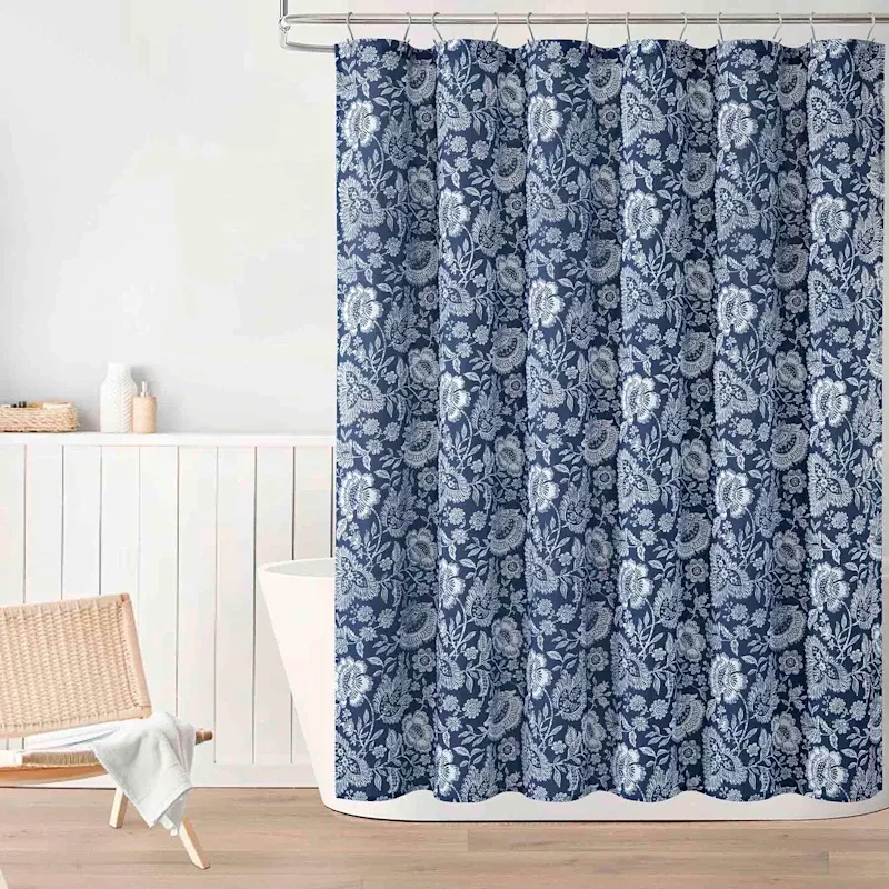 13-Piece Navy Suma Floral Shower Curtain Set, 72"