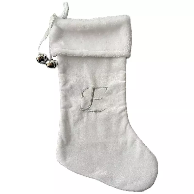 20" White Velvet Monogram Stocking, E