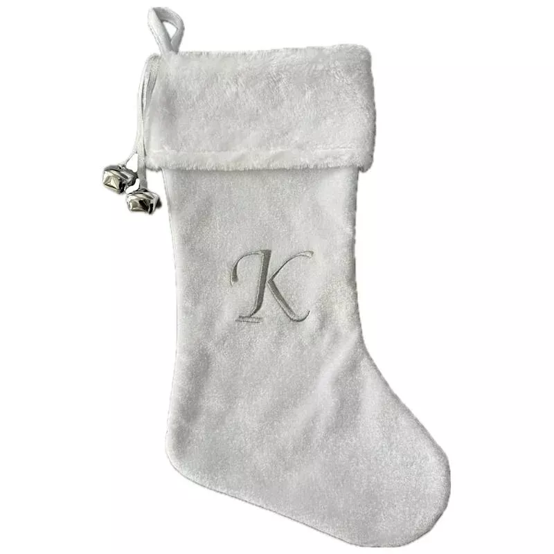 20" White Velvet Monogram Stocking, K
