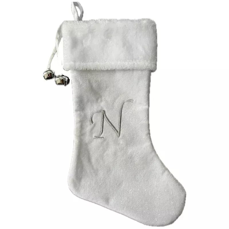 20" White Velvet Monogram Stocking, N
