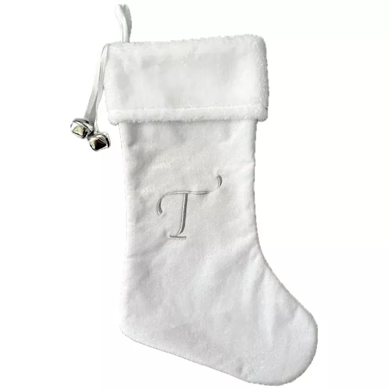 20" White Velvet Monogram Stocking, T