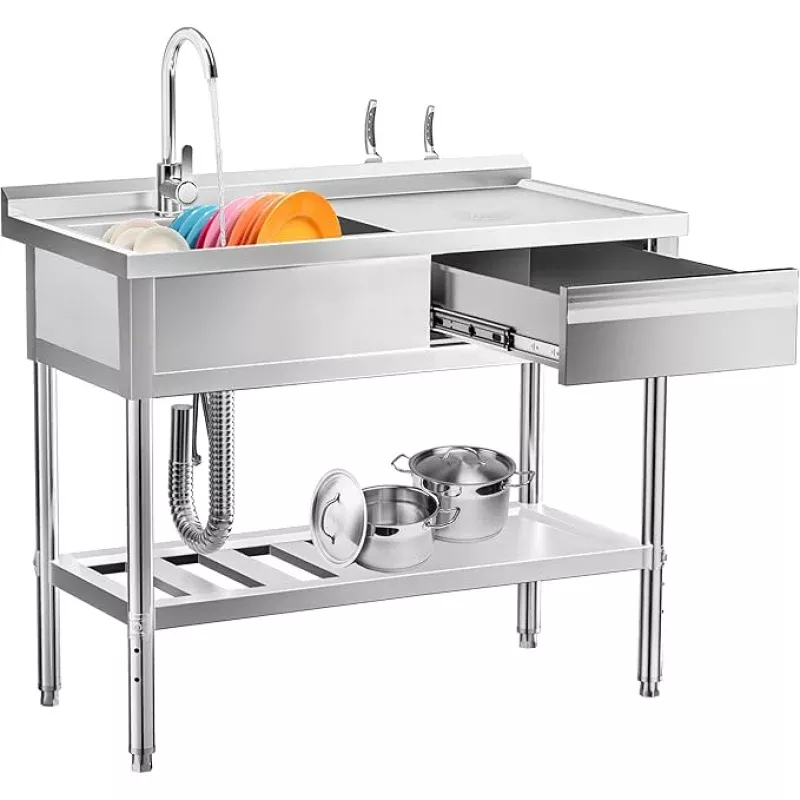 304 Stainless Steel Utility SinkFree Standing Single Bowl with Workbench, Storage Drawer & Faucet, Hot and Cold Water Pipes for Laundry Room, Farmhouse, Outdoor Use (Left Drawer 47” Sink)
