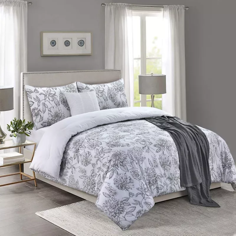 4-Piece Black & White Floral Print Comforter Set, Twin/Twin XL