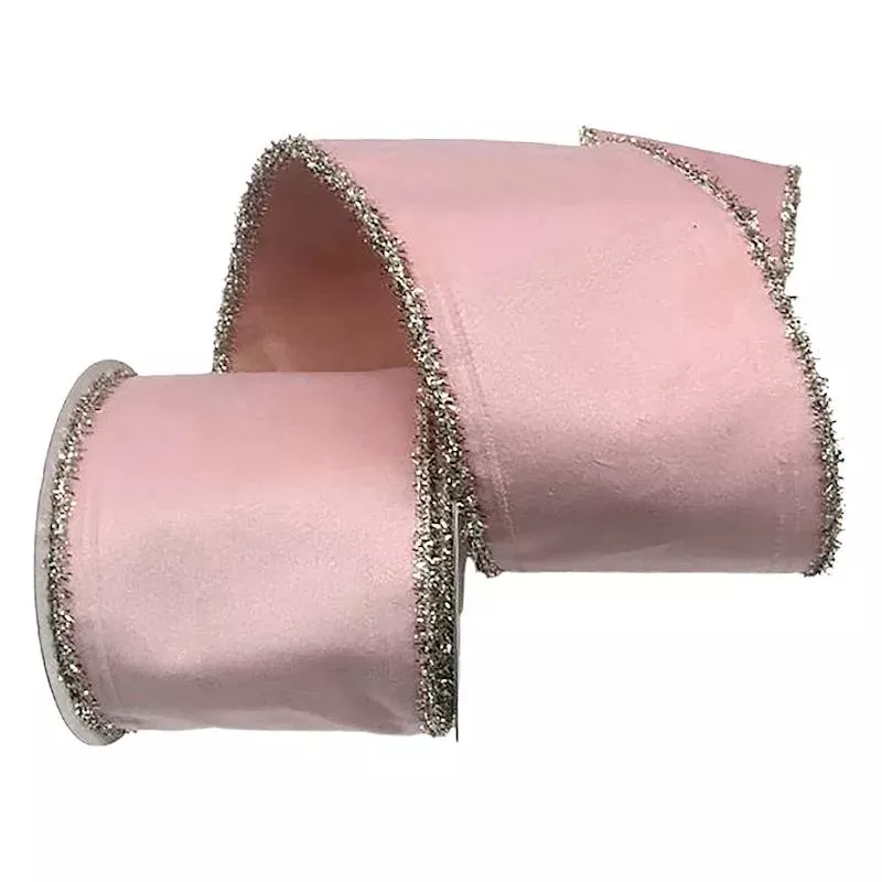4" Pink Velvet With Tinsel Trim Ribbon, 5yd