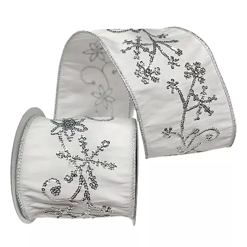 4" White With Silver Snowflake Ribbon, 5yd
