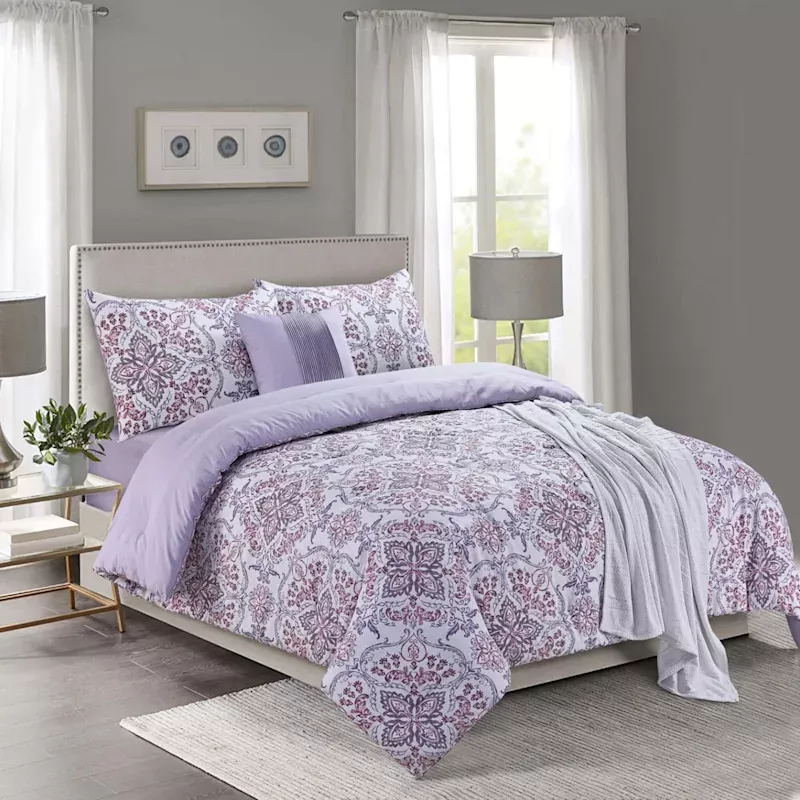5-Piece Pink & Purple Distressed Medallion Print Comforter Set, King