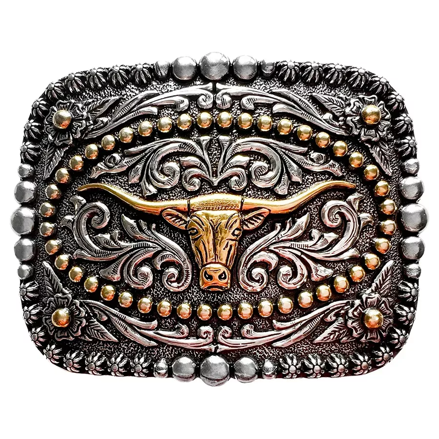 AndWest Boy's Scrolled Longhorn Buckle - Antique Gold/Silver