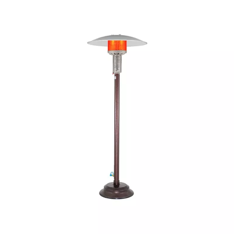 Antique Bronze NG portable patio heater with push buttong ignition: includes 12′ steel lined MB Sturgis hose set with 2 quick disconnects and shut off valve