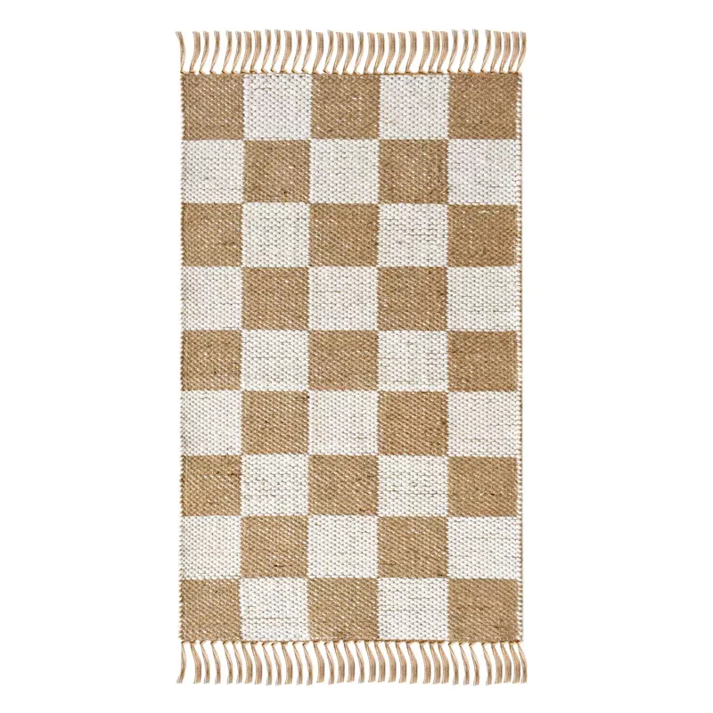 (B871) Brown & Natural Checkered Jute Accent Rug, 2x4