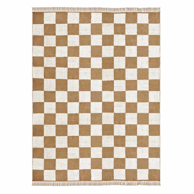 (B871) Brown & Natural Checkered Jute Area Rug, 5x7