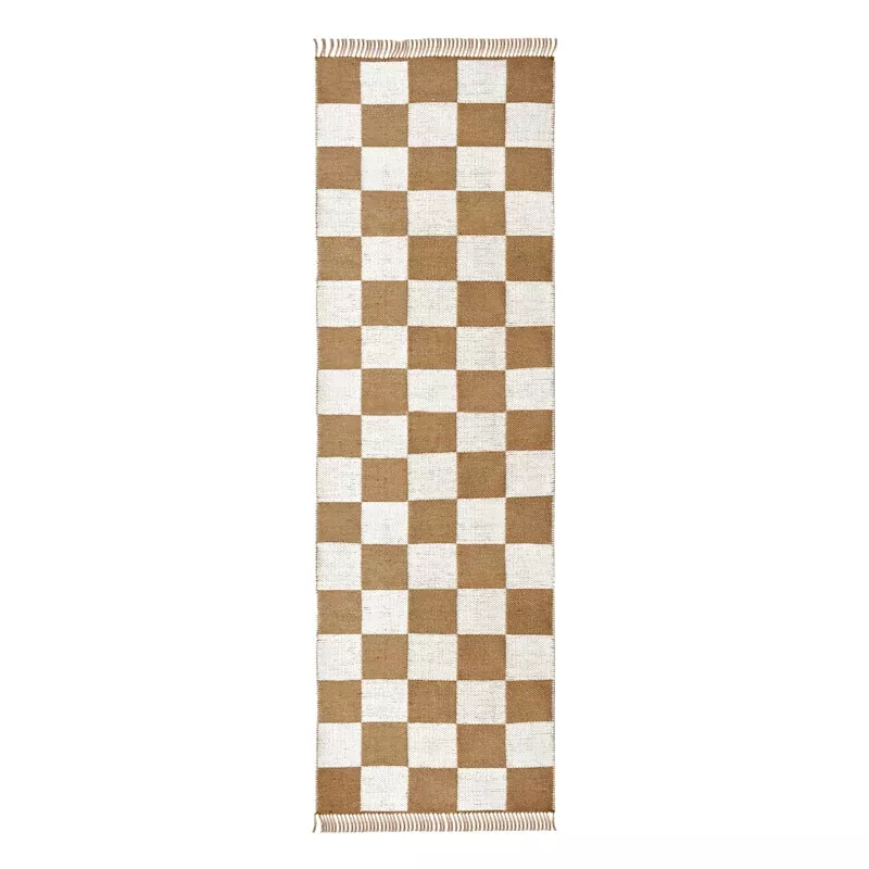 (B871) Brown & Natural Checkered Jute Runner, 2x7