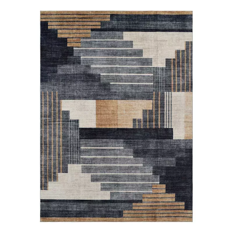 (B874) Dove Navy & Gold Washable Area Rug, 5x7