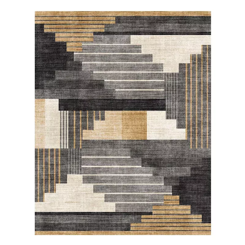 (B874) Dove Navy & Gold Washable Area Rug, 8x10