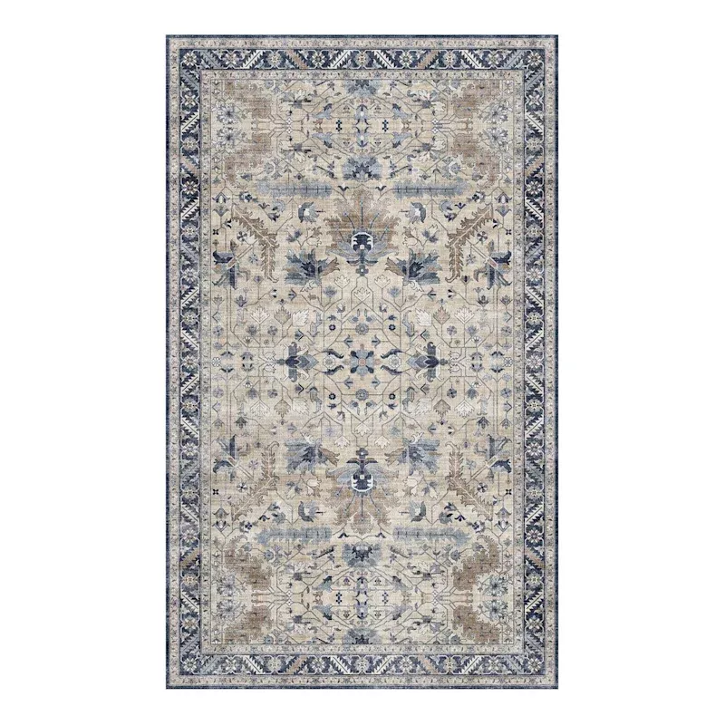 (B876) Dove Ivory & Blue Medallion Washable Accent Rug, 3x5