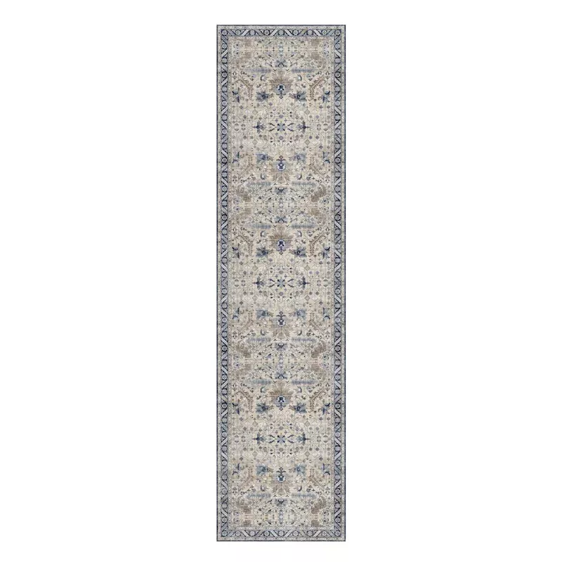(B876) Dove Ivory & Blue Medallion Washable Runner, 2x8