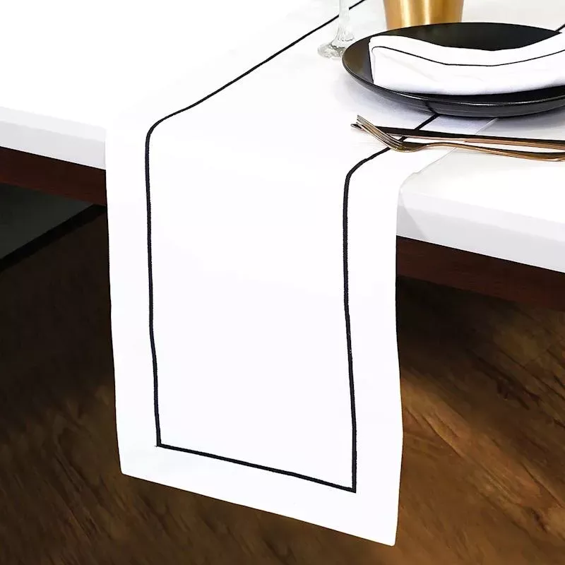 Black Embroidered White Table Runner, 72x14