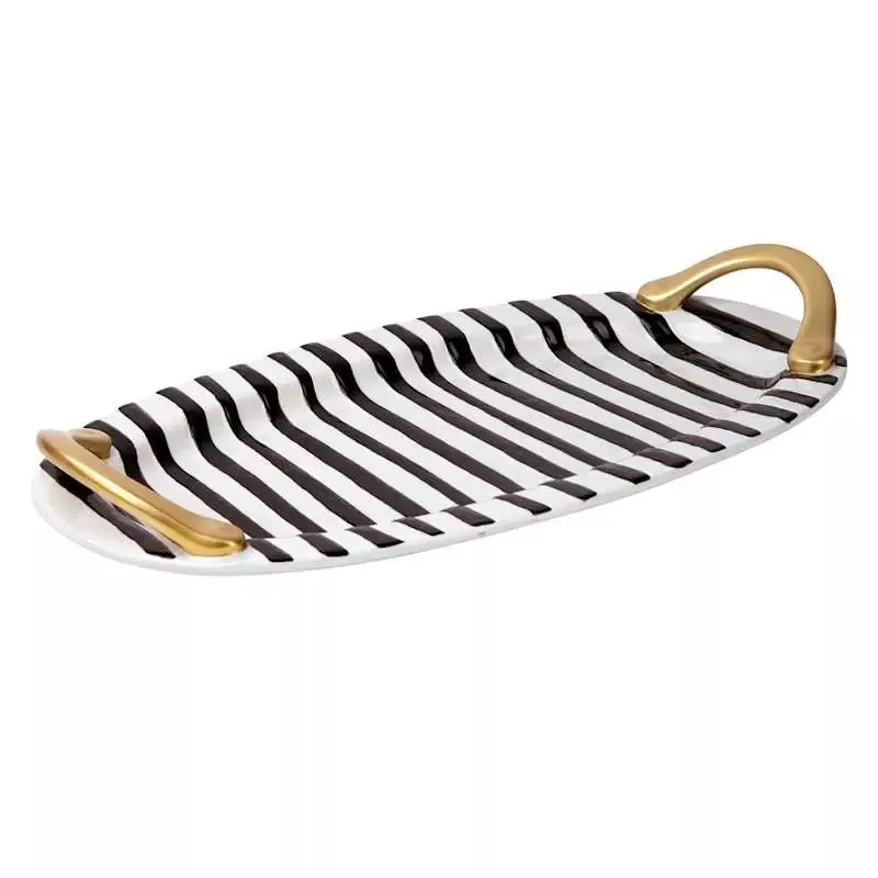 Black & White Striped Platter with Gold Handles, 16"