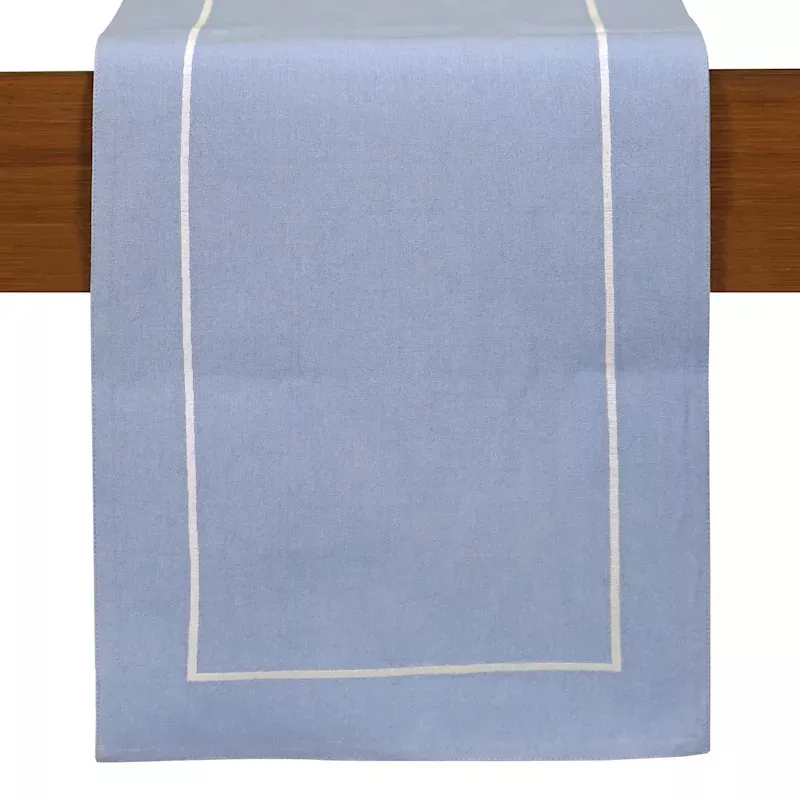 Blue Chambray Table Runner with White Embroidered Border, 72x13