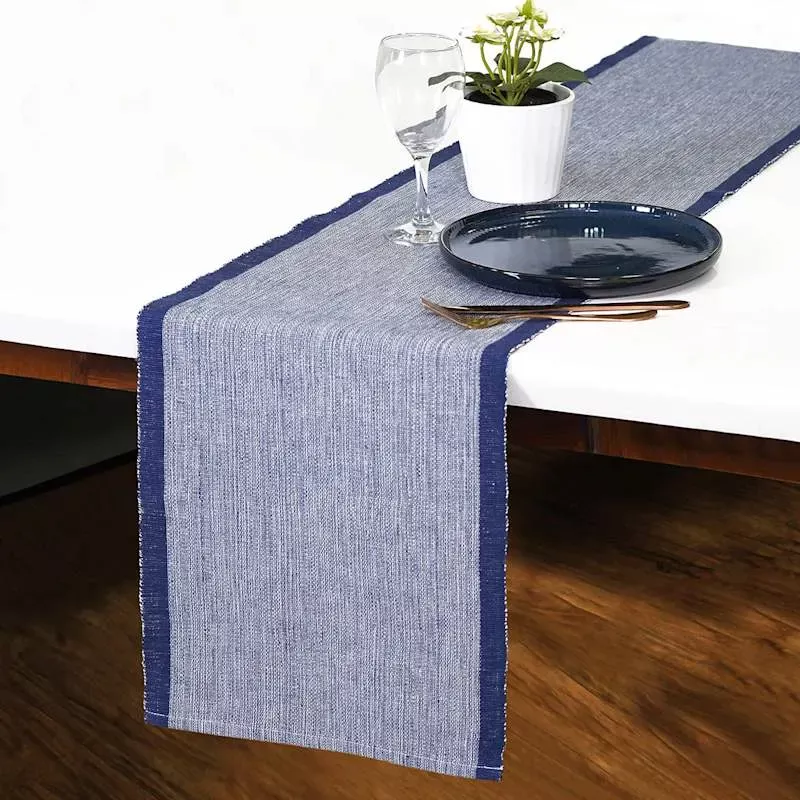 Blue & Ivory Mix Woven Table Runner With Fringe, 14x72