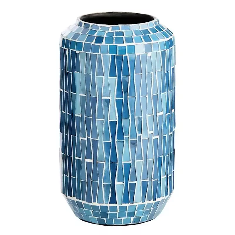 Blue Mosaic Glass Vase, 9"