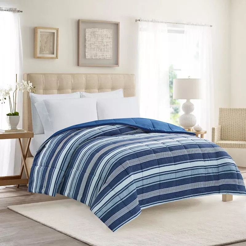 Blue Striped Print Reversible Brushed Microfiber Comforter, King