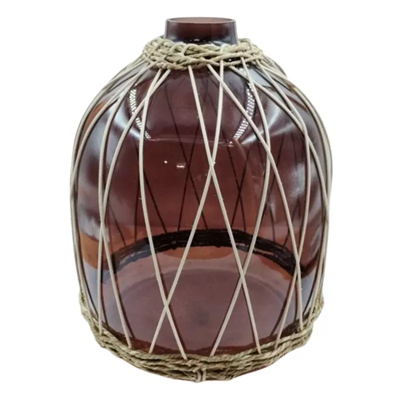 Brown Wicker Wrapped Glass Vase, 12"