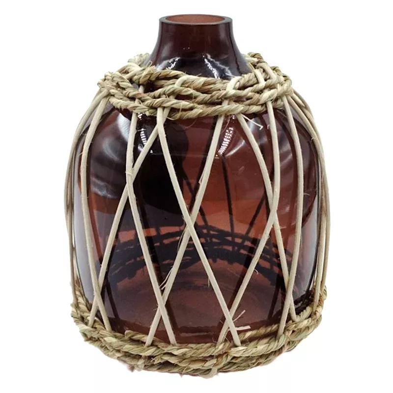 Brown Wicker Wrapped Glass Vase, 6.7"