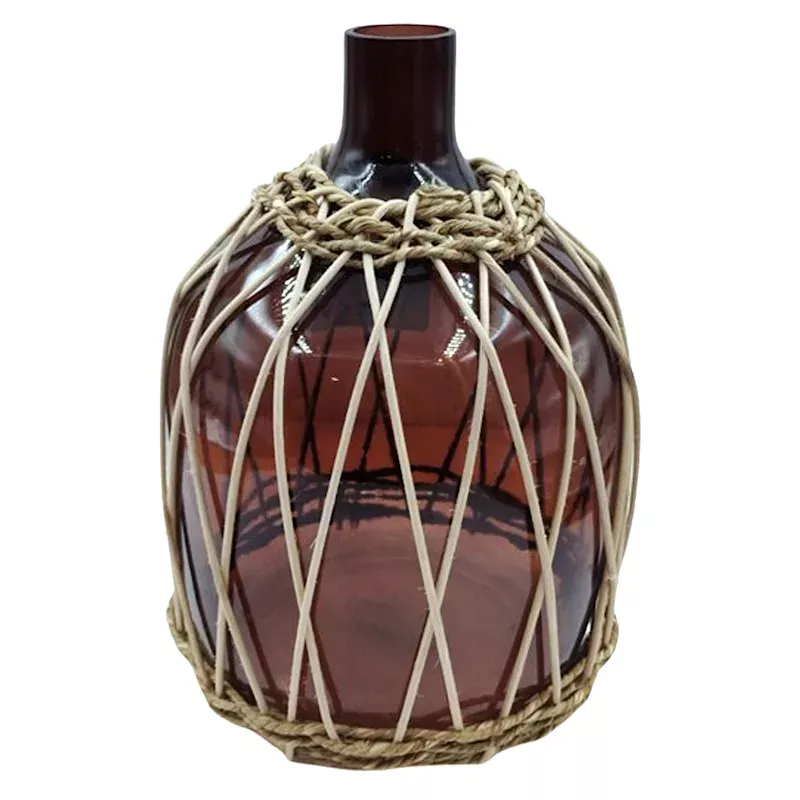 Brown Wicker Wrapped Glass Vase, 9.7"