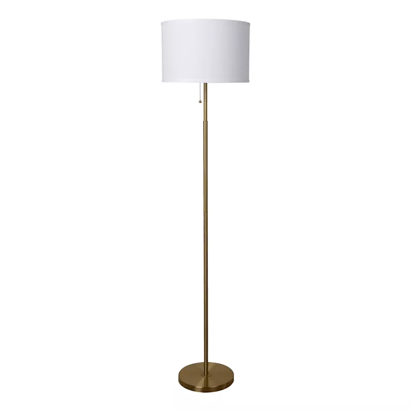Brushed Brass Stick Floor Lamp with White Fabric Drum Shade, 62"