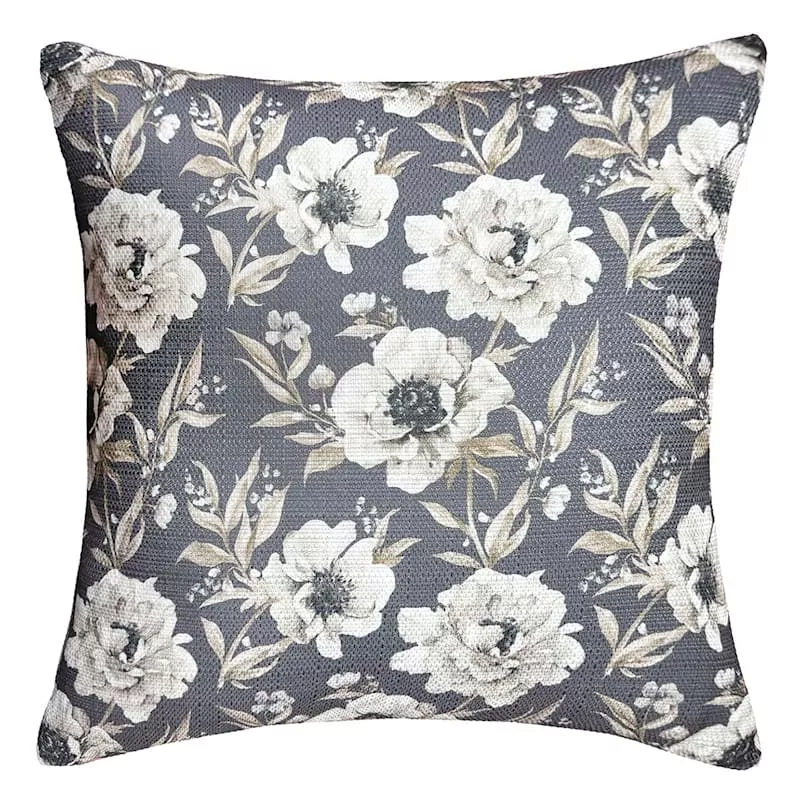 Charcoal Peony Printed Throw Pillow, 18"