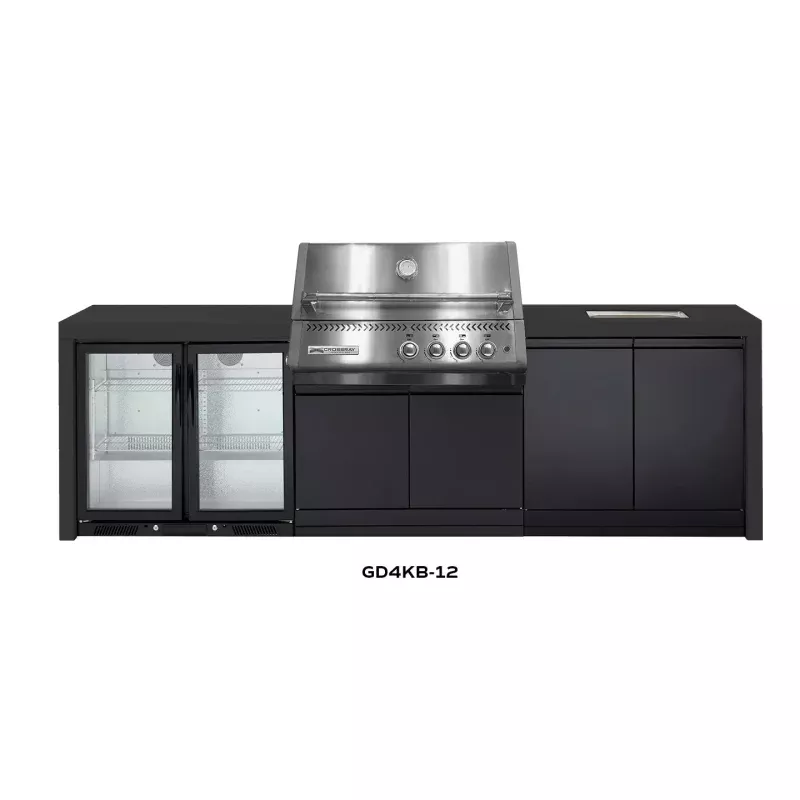 Crossray Premium Xplor Black Outdoor Kitchen with 4 Burner BBQ Double Fridge
