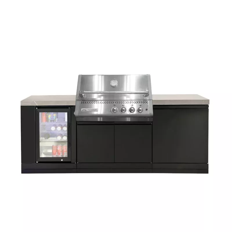 Crossray Xplor Compact Grey Outdoor Kitchen 4 Burner BBQ with Side Cabinet & Single Fridge