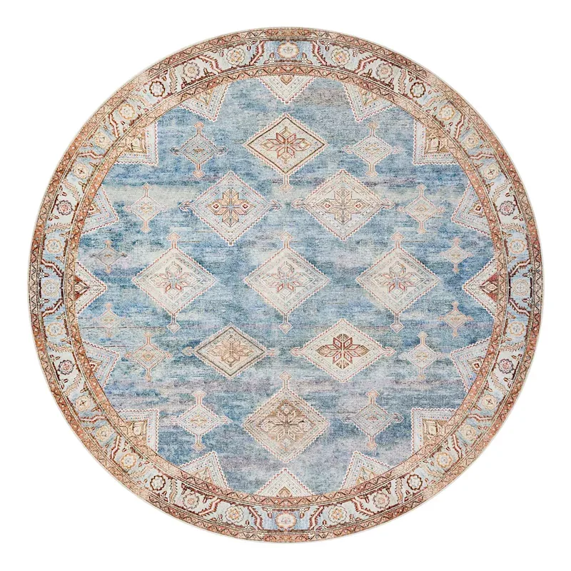 (D569) Freya Blue Multicolor Medallion Washable Round Rug, 6'