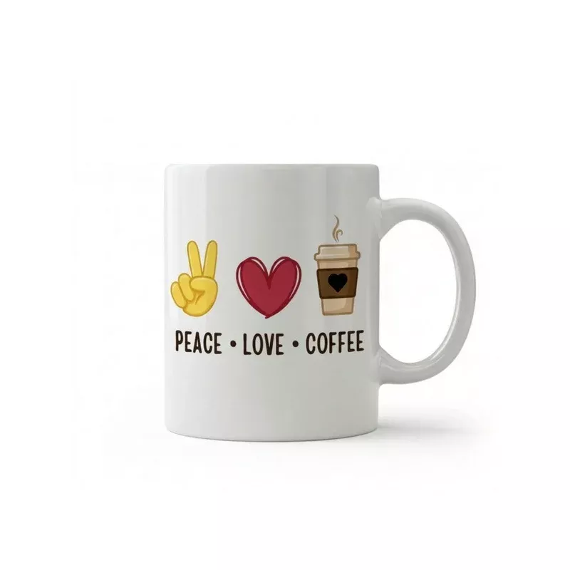 Dyzi Peace Love Coffee Quote Ceramic Coffee Mug White