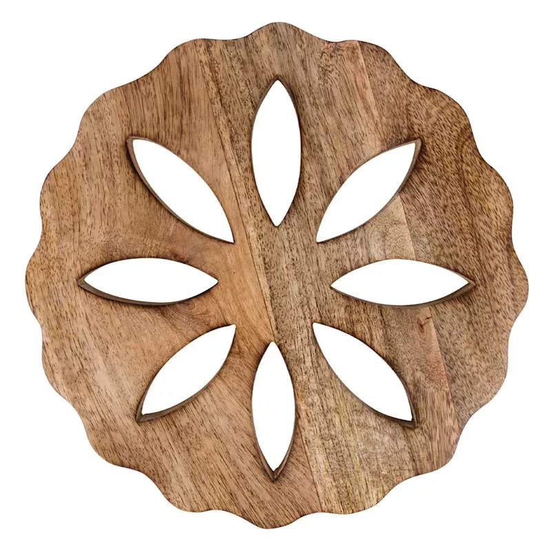 Flower Design Scalloped Wood Trivet, 9"