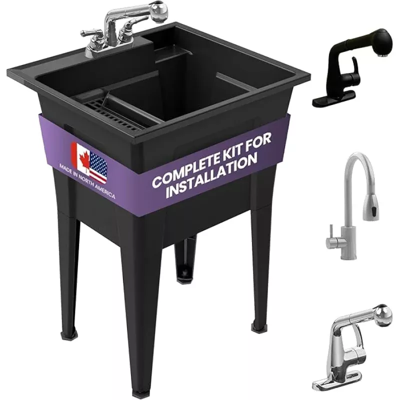 Freestanding Utility Sink with Two Handle Chrome Faucet – 24 Plastic Utility Sink for Garage, Laundry, Indoor and Oudoor Use – Laundry Tub Kit by Noah William Home – Grey (19.5 gal)