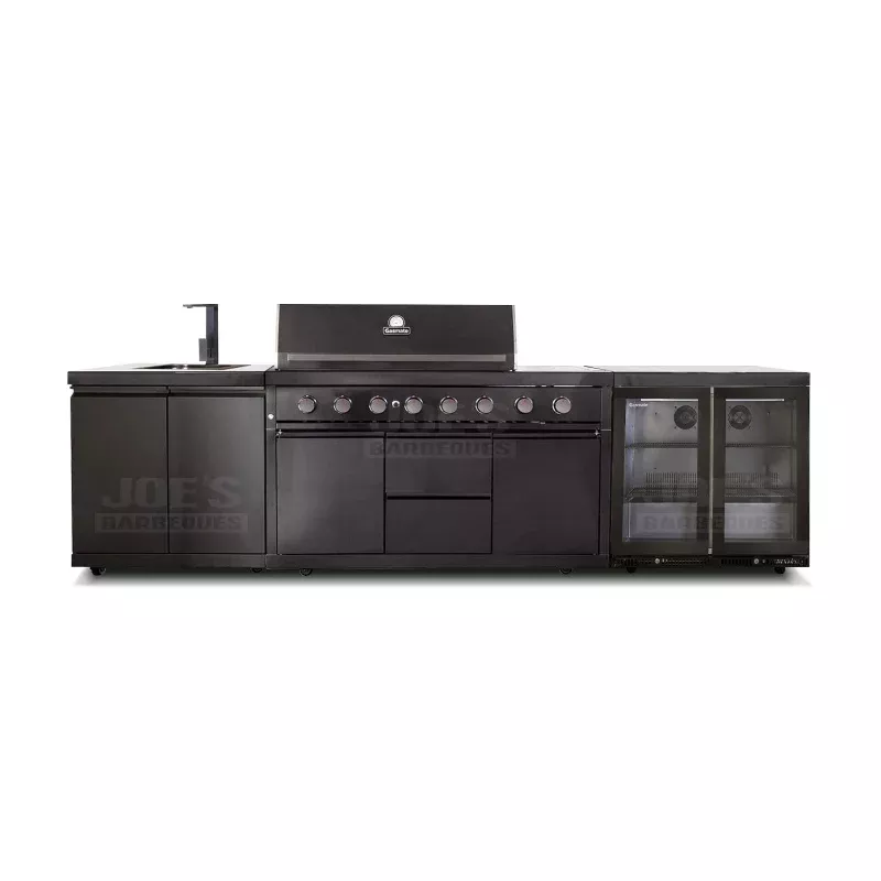 Gasmate Nova Graphite Outdoor Kitchen with Sink, 6 Burner BBQ and Double Door Fridge + Top