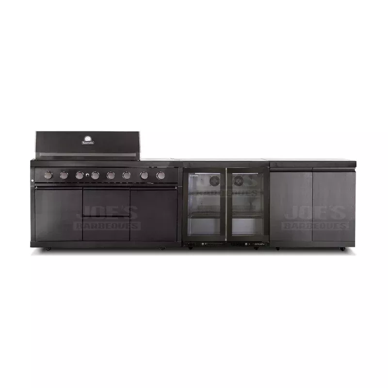 Gasmate Nova MK2 Graphite Outdoor Kitchen 6 Burner BBQ with Double Door Fridge + Top and Storage