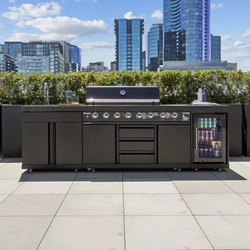 Gasmate Saturn Kitchen with 6 Burner BBQ Sink Module & Single Drinks Fridge – Charcoal