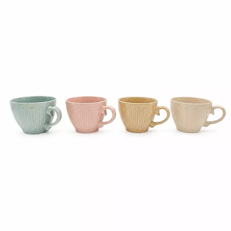 Glim & Glam Ceramic Coffee Mugs 4pc Set 15oz Large Tea Cups Assorted Colours Scrolled Handle