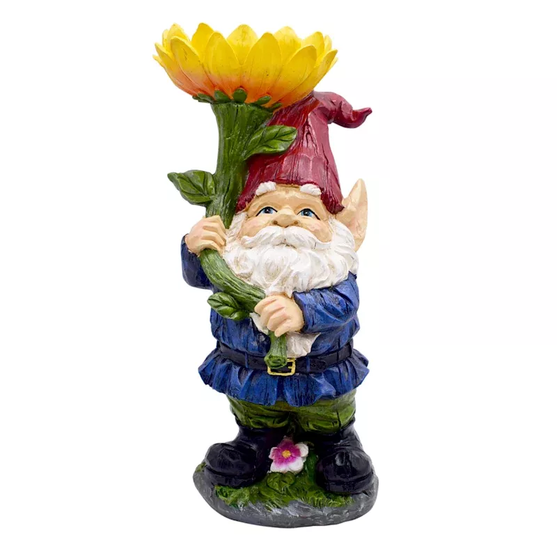 Gnome Holding Sunflower Outdoor Garden Statue, 19"
