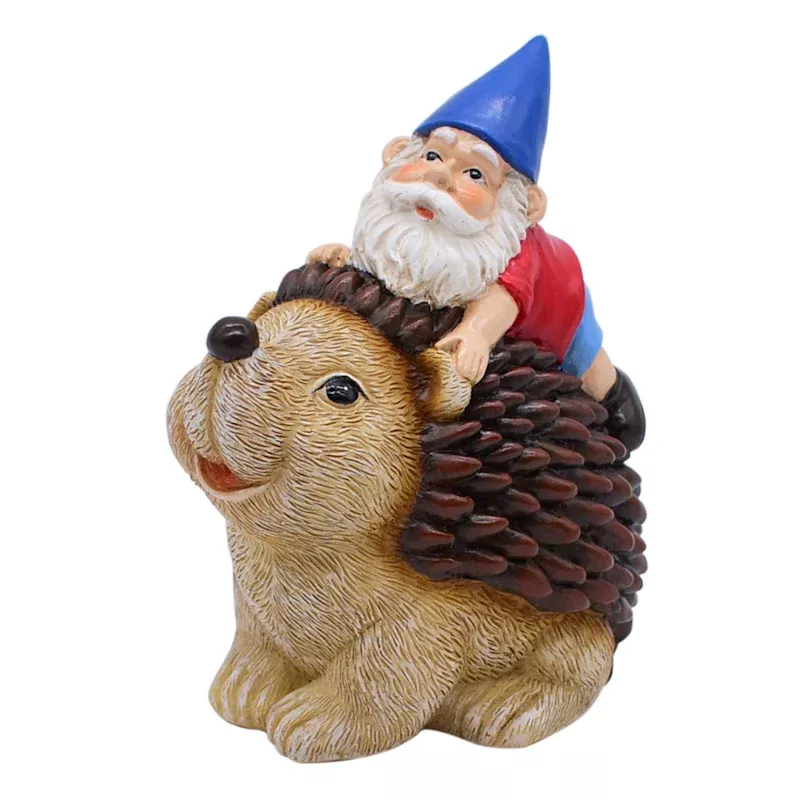 Gnome on Hedgehog Outdoor Garden Statue, 6"