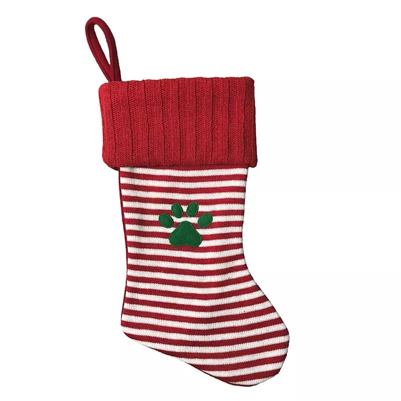 Green Paw Print Striped Stocking, 16"