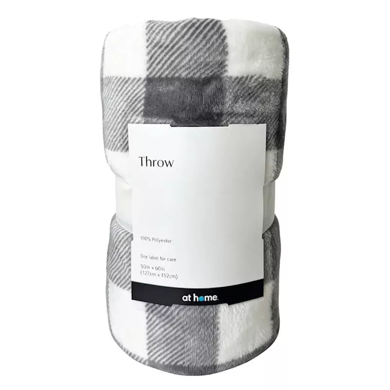 Grey & White Buffalo Plaid Plush Throw Blanket, 50x60