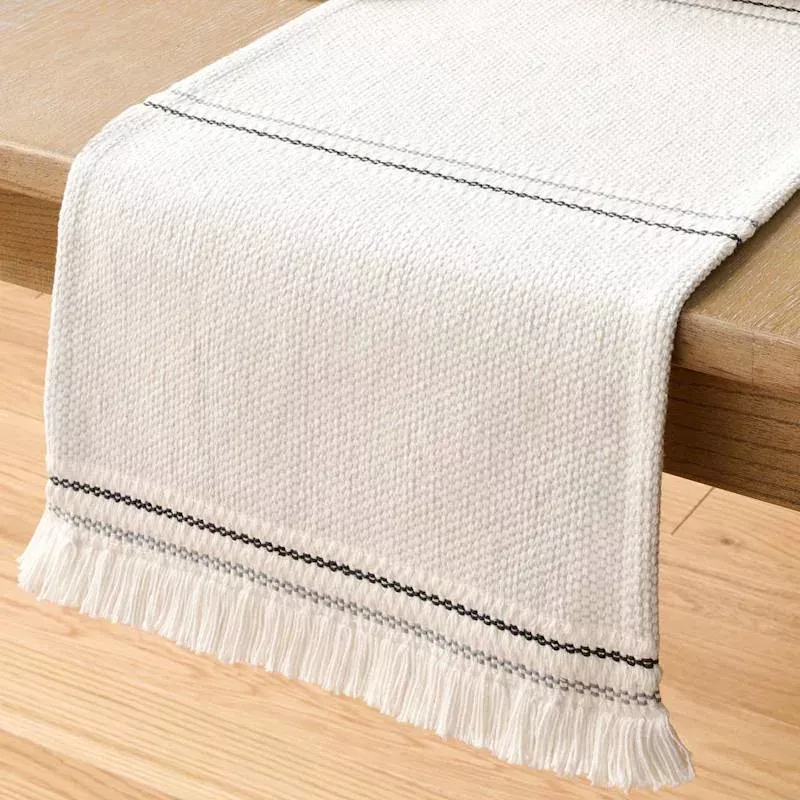 Grey & White Woven Table Runner with White Fringe, 72x14