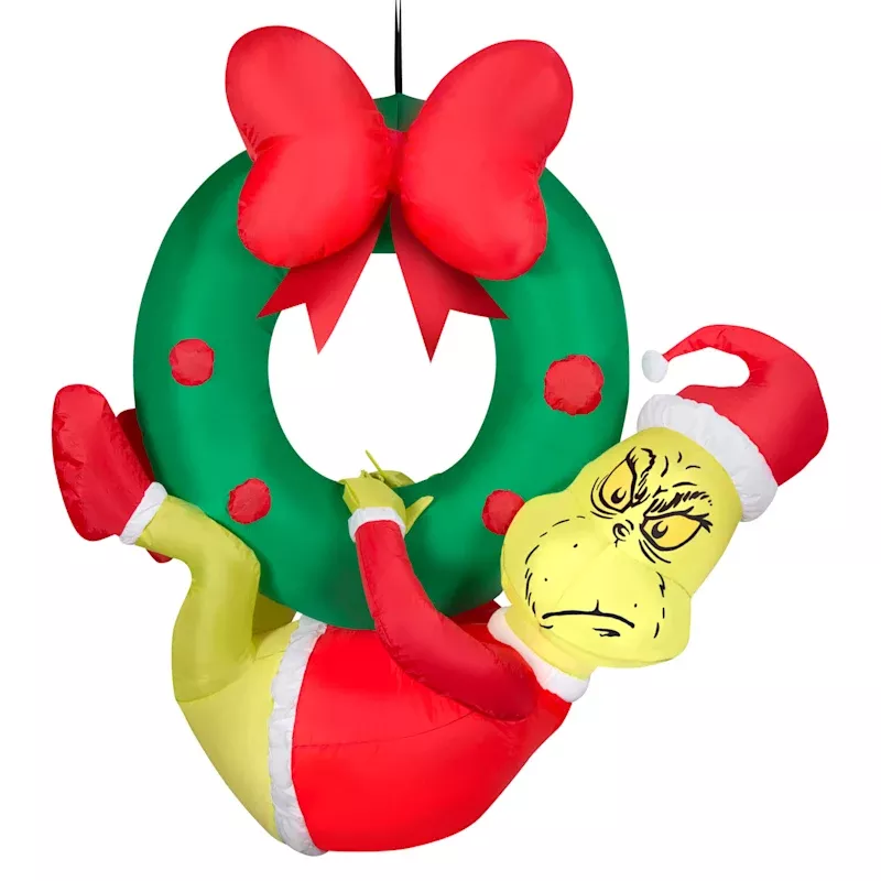 (IN22) Airblown Dr. Seuss Grinch Hanging from Wreath Inflatable, 4'