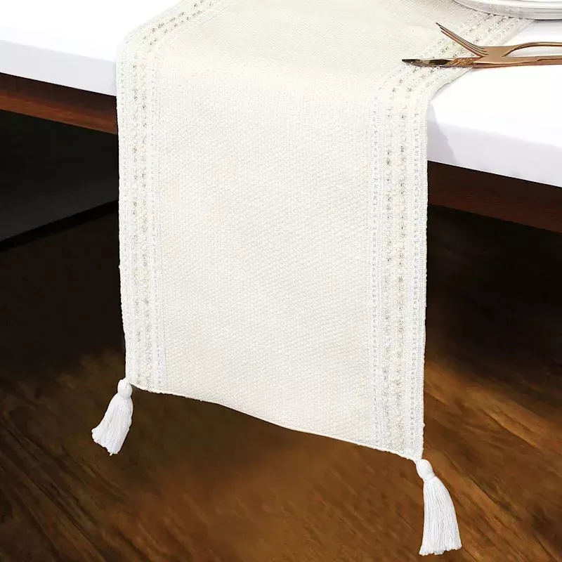 Ivory Semi-Beaded Table Runner with White Tassels, 72x13